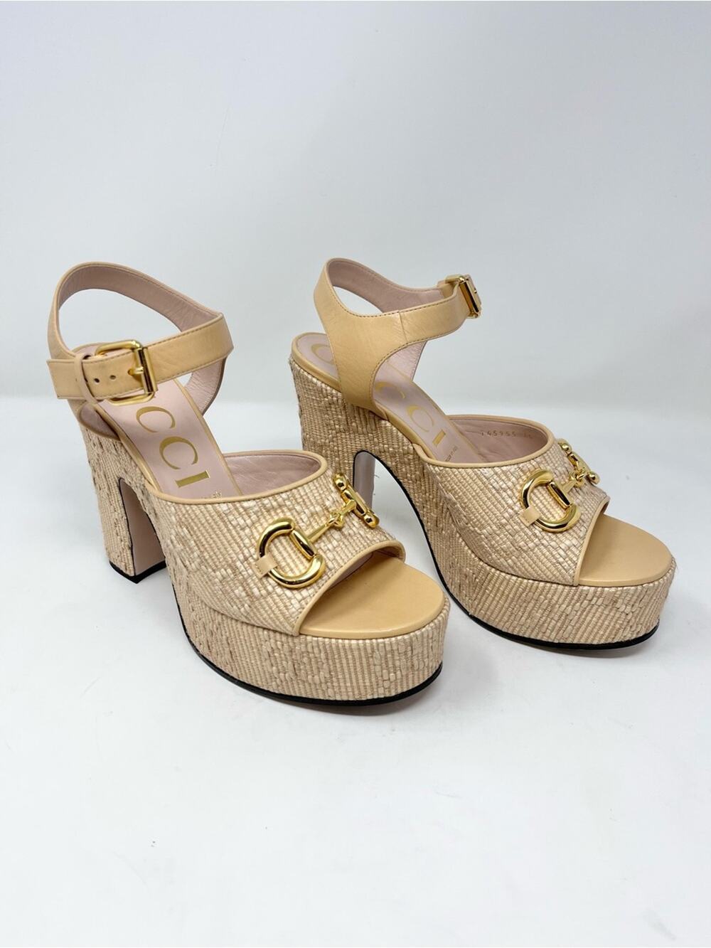Gucci Baby Horsebit Platform Sandal GG Embossed Raffia Cream size 40 EU 10 US